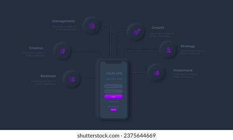 Smartphone with mobile applications. Dark neumorphic infographic slide illustration