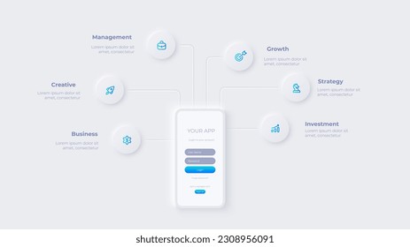 Smartphone con aplicaciones móviles. Ilustración de diapositivas de infografía neumórfica ligera