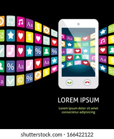 Smartphone with mobile apps and services vector illustration background