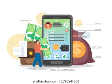 Smartphone with mobile banking app on screen, bank customer man making money transaction online, vector flat style design illustration. Online money transfer, mobile payment.