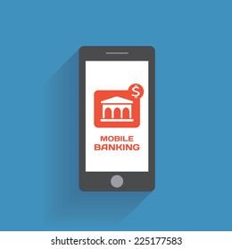 Smartphone with mobile banking icon on the screen. Using mobile smart phone similar to iphon, flat design concept. Eps 10 vector illustration