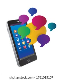 Smartphone mobile of blue colored screen and circular speech bubble the around mobile