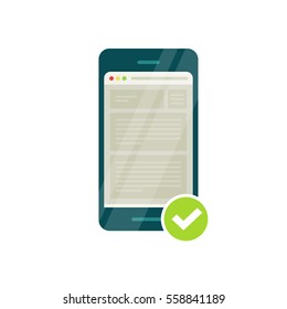 Smartphone with mobile browser and green tick, mobile adapted website icon vector illustration, flat style, web page browser and checkmark, mobile responsive compatible site, successful validation