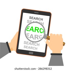 smartphone, mobile commerce search magnifying glass icon. Hand ser holding a tablet showing search icon