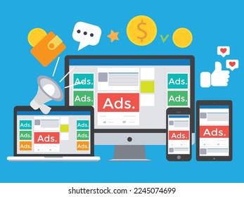 Smartphone mobile, Computer PC, Laptop and Tablet with social media advertising website. social ads digital marketing concept. Vector illustration