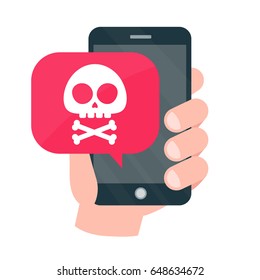 Smartphone mobile in danger, red alert concept. Vector modern style cartoon character illustration icon design. Malware notification, fraud internet error message, insecure connection, online scam, virus.