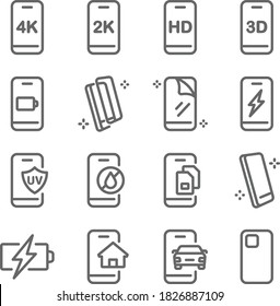 Smartphone Mobile device icon illustration vector set. Contains such icon as Fast Charge, Multi sim, Screen shield, Tempered glass, Waterproof, Charger, and more. Expanded Stroke