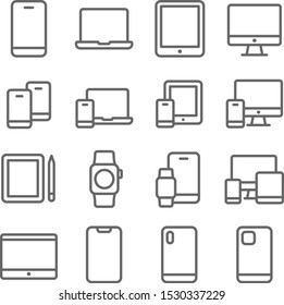 Smartphone Mobile Device icons set vector illustration. Contains such icons as tablets, smartphones, a Desktop, Smartwatch, and more. Expanded Stroke
