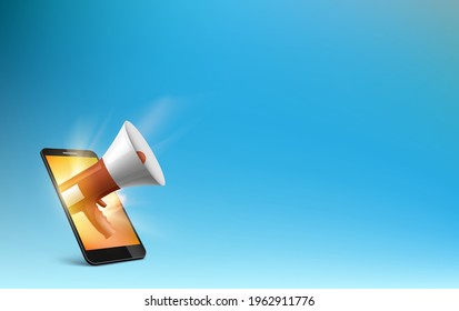 Smartphone mobile device with a megaphone on the screen. Digital advertising and notification. Background with copy space. Vector illustration