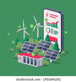 Aplicación de energía móvil para smartphone. Teléfono móvil con aplicación de control de uso de electricidad. Central de energía renovable sostenible con paneles solares, energía eólica, almacenamiento de baterías. Ilustración del vector