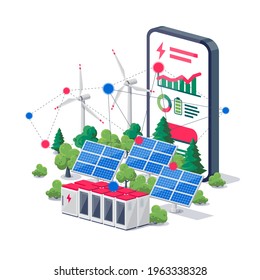 Aplicación de energía móvil para smartphone. Teléfono móvil con aplicación de monitoreo de uso de electricidad. Central de energía renovable sostenible con paneles solares, energía eólica, almacenamiento de baterías. Ilustración vectorial aislada