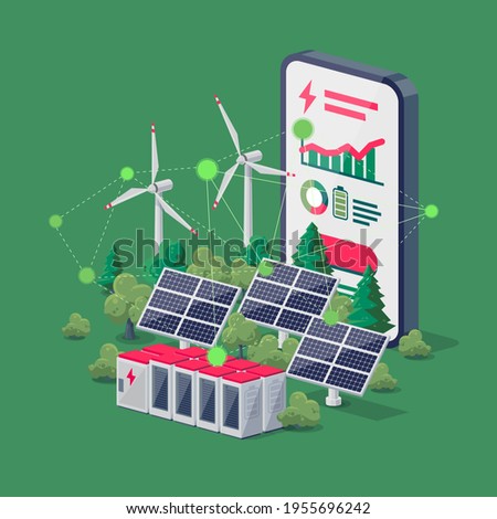 Smartphone mobile energy application. Cell phone with electricity control usage monitoring app. Sustainable renewable power plant  station with solar panels, wind, battery storage. Vector illustration