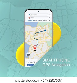 Smartphone and Mobile GPS Navigation App UI or UX Design Concept. City maps, Location tracking, Route planning, Map navigation, City streets GPS tracking. Vector.