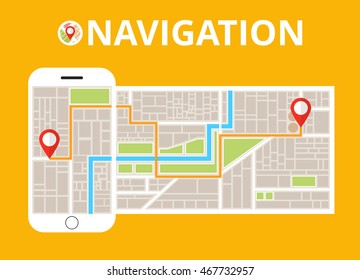Smartphone with mobile gps navigation. Finding the way concept. Flat vector illustration.