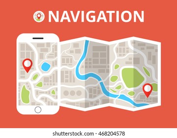 Smartphone with mobile gps navigation. Finding the way concept. Flat vector illustration.