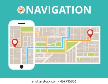 Smartphone with mobile gps navigation. Finding the way concept. Flat vector illustration.