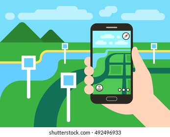 Smartphone with mobile gps navigation system and map with pins. Vector app game concept. Location seach positioning illustration