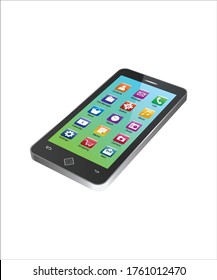 Smartphone mobile of green colored screen with icons isolated on while background