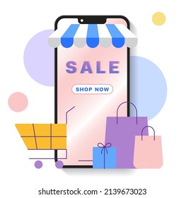 Smartphone Mobile Isolated Online Shopping Marketing Landing Page E-commerce App Promotion Sale Trolley Cart Shopping Bag Gift Present box Shop Now Button Awning Post Banner Abstract Circle Background