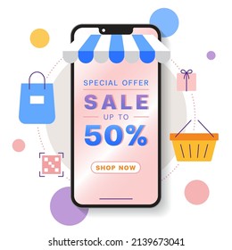 Smartphone Mobile Isolated Online Shopping Marketing Landing Página de promoción de aplicación de comercio electrónico Venta Carro de tranvía Bolsa de compras Regalo caja de presentación Comprar ahora Botón Awning Post Banner Círculo Concepto de fondo