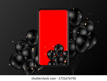 Smartphone mobile mockup with free space red screen, decorated with black balloons and confetti isolated on black background. Front view. Luxury and premium design. Vector illustration.