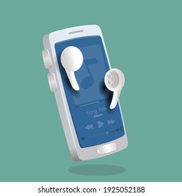 Smartphone Handy Musik-Player-Anwendung mit drahtlosem earphone. 3D-Vektorgrafik