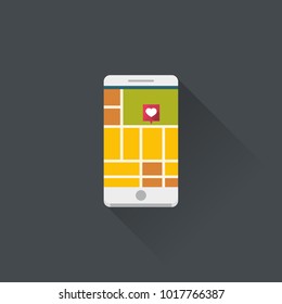 Smartphone with mobile navigation app. Mobile gps concept with heart pin.