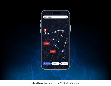 Smartphone Mobile Navigation App with GPS Tracking and Glowing Route Dashboard. Futuristic Vector Illustration