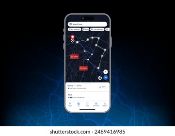 Smartphone Mobile Navigation App with GPS Tracking and Glowing Route Dashboard. Futuristic Vector Illustration