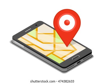 Smartphone, mobile navigation app and map pin. Isometric illustration