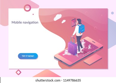 Smartphone mit mobiler Navigations-App auf dem Bildschirm.Online-Navigationsvorlage mit isometrischer Vektorgrafik