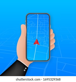 Smartphone with mobile navigation app on screen. Route map with symbols showing location of man. Vector stock illustration.