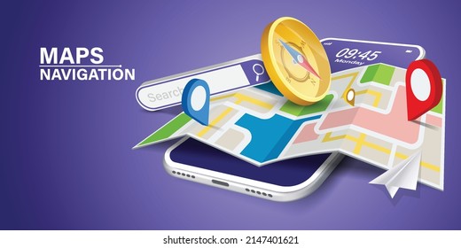 smartphone with mobile navigation app on screen.  Route map with symbols showing location.Global Positioning System concept design.
pin and compass are on the map and on mobile.