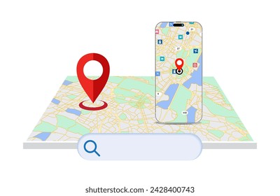 Smartphone with mobile navigation app on a 3D map. Location. 3D Location Map with pin mark, search bar and pointer isolated. GPS and Navigation elements. Vector.