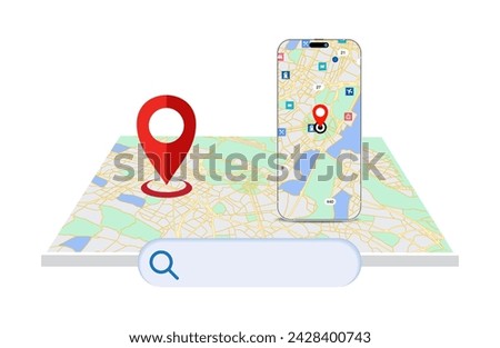 Smartphone with mobile navigation app on a 3D map. Location. 3D Location Map with pin mark, search bar and pointer isolated. GPS and Navigation elements. Vector.