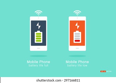 smartphone or mobile phone, battery life information Viewing on Mobile, Full energy and low energy, vector eps 10