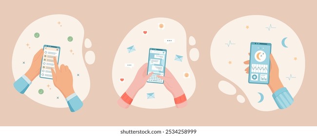 Smartphone and mobile phone cartoon set showing app screen with chat and message. Hands hold devices for online social media interaction, concept of digital communication and technology.