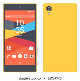 Smartphone / mobile phone isolated / flat colors / with application icons and screen / Modern touchscreen phone  / front and back sides