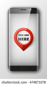 Smartphone, mobile phone isolated with pointers to determine your location, realistic vector illustration.
