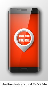 Smartphone, mobile phone isolated with pointers to determine your location, realistic vector illustration.
