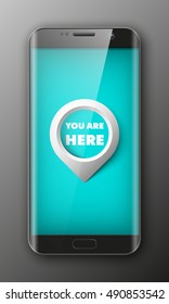 Smartphone, mobile phone isolated with pointers to determine your location, realistic vector illustration.