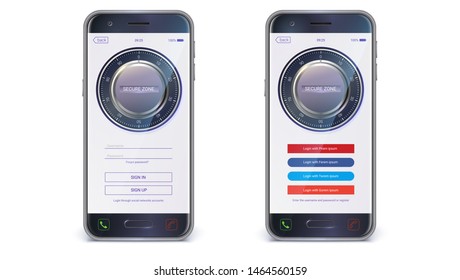 Smartphone, mobile phone isolated. UI design. Account authorization with login and password fields for touch screen mobile apps. UX Screen with digital lock on login page, vector 3d illustration