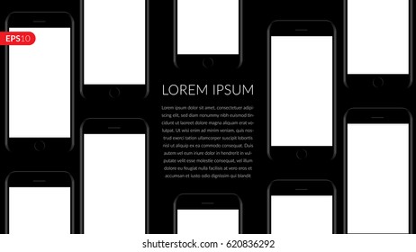 Smartphone, mobile, phone mockup composition isolated on black background with blank screen. Front view back realistic vector illustration black phones for printing and web element.