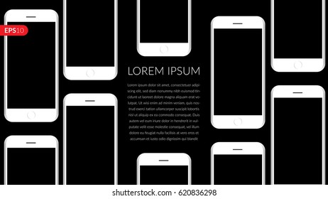 Smartphone, mobile, phone mockup composition isolated on blue background with blank screen. Front view back realistic vector illustration white phones for printing and web element.