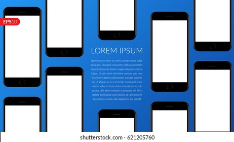 Smartphone, mobile, phone mockup composition isolated on blue background with blank screen. Front view back realistic vector illustration black phones for printing and web element.