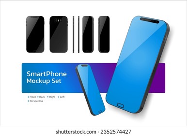 smartphone mobile phone mockup set. have different angles views front back side perspective. open close screen. Isolated on White Background. device UI UX mockup. Vector illustration realistic style