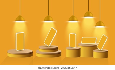 Smartphone, mobile phone on a cylindrical podium isolated on a yellow background. Various and different phone positions and angle on different platforms with hanging neon lamps. Vector.