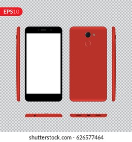 Smartphone, mobile phone on isolated background, Photo realistic vector illustrations modern phone with red color. Front, back and form the side view mockup template.