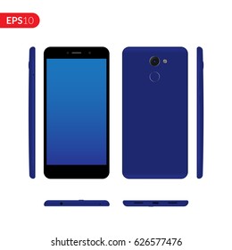 Smartphone, mobile phone on isolated background, Photo realistic vector illustrations modern phone with blue color. Front, back and form the side view mockup template.