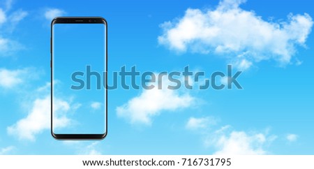 Smartphone, mobile phone over blue sky with clouds  background, vector illustration.